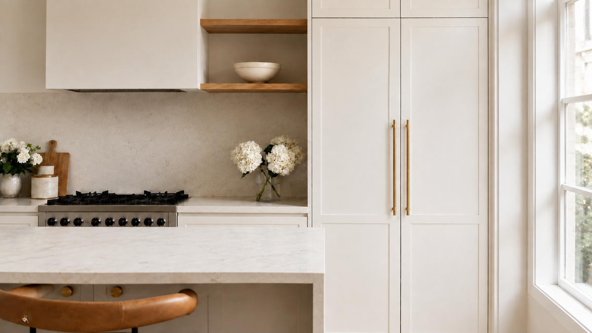 Ivory cabinetry with natural brass TRACE knurled cabinet pulls