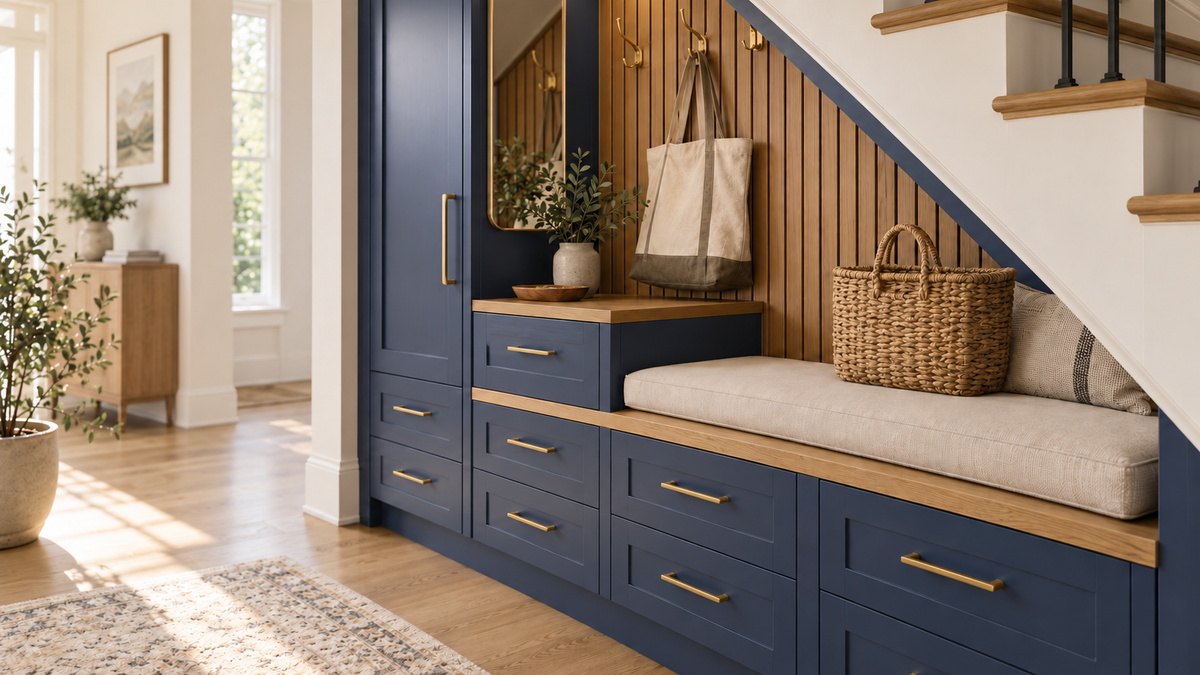 SPAN brass flat bar pulls on navy built-in entryway cabinetry