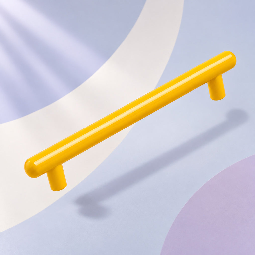 CHROMA Round Bar Cabinet Pull in Van Gogh Yellow — angled view