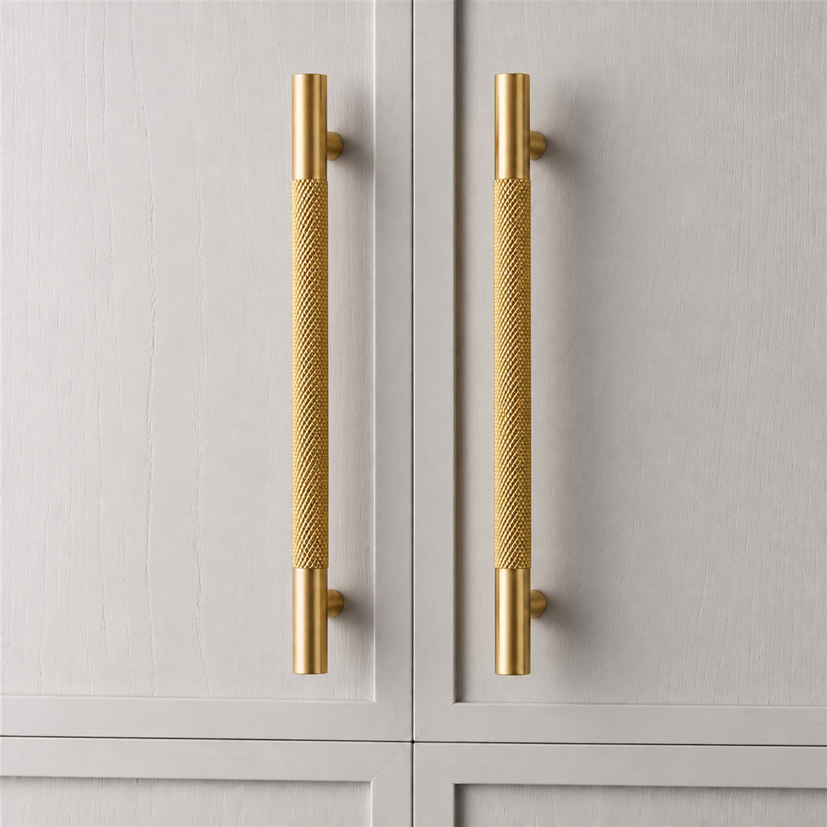 TRACE Knurled Cabinet Pull in Natural Brass — shown on cabinetry