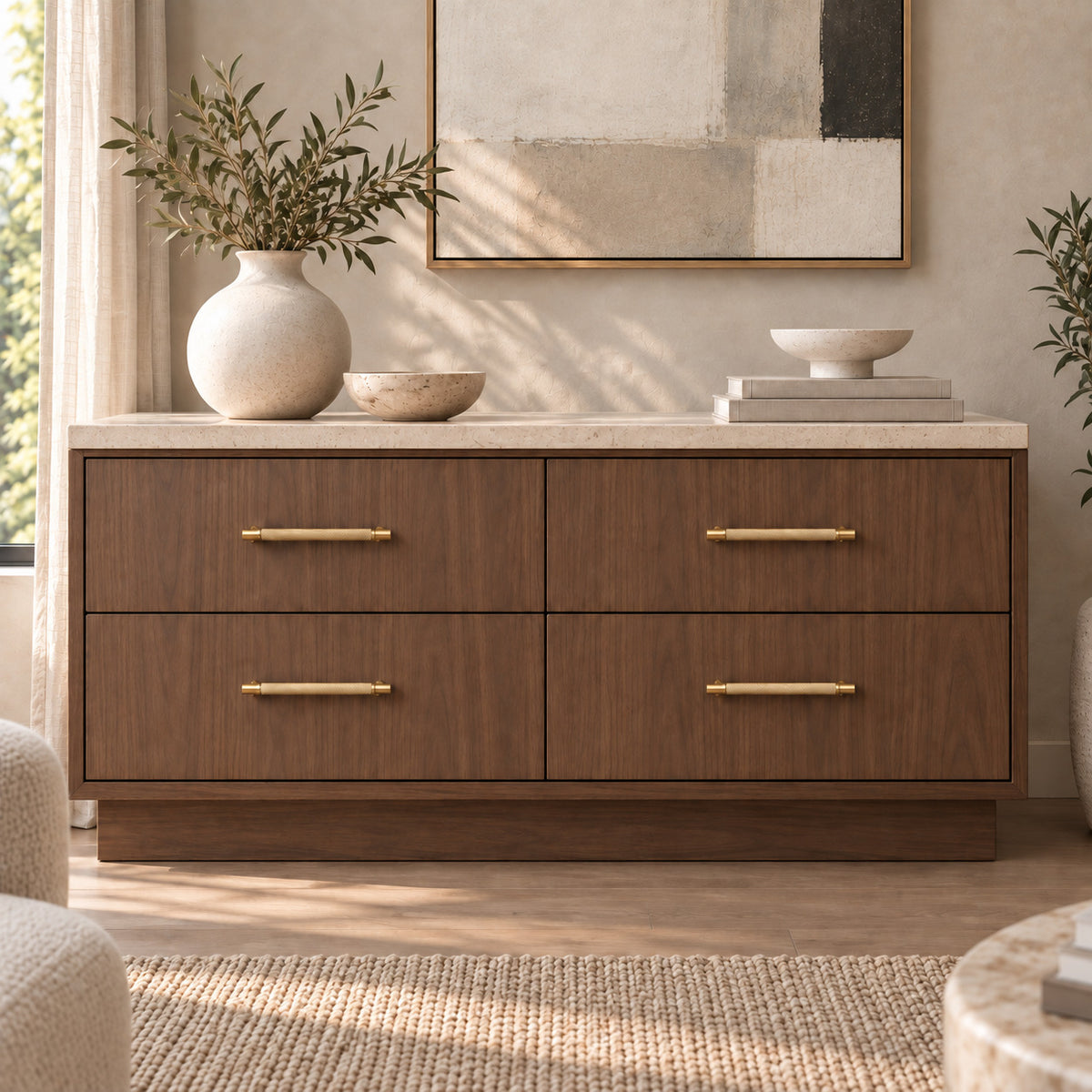 TRACE Knurled Cabinet Pull in Natural Brass — shown on cabinetry